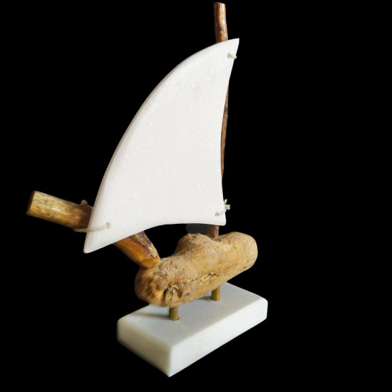 Driftwood and Marble Sail Boat Handmade Art Decoration