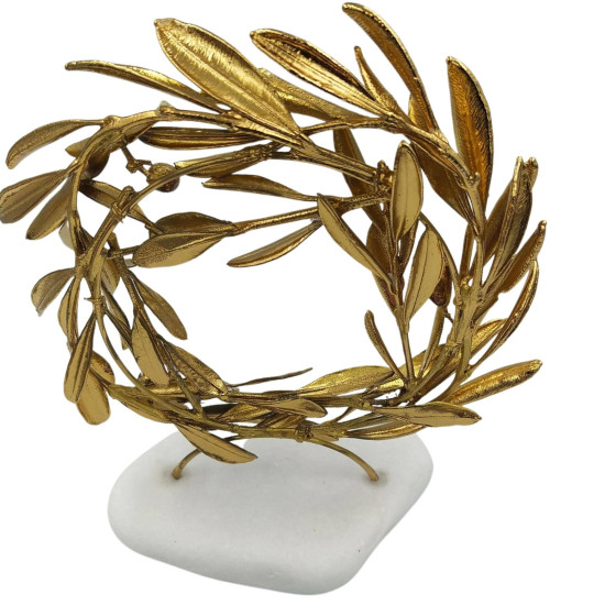Gold-plated 24Ct dense Olive Wreath round shape in real White Greek Marble Base