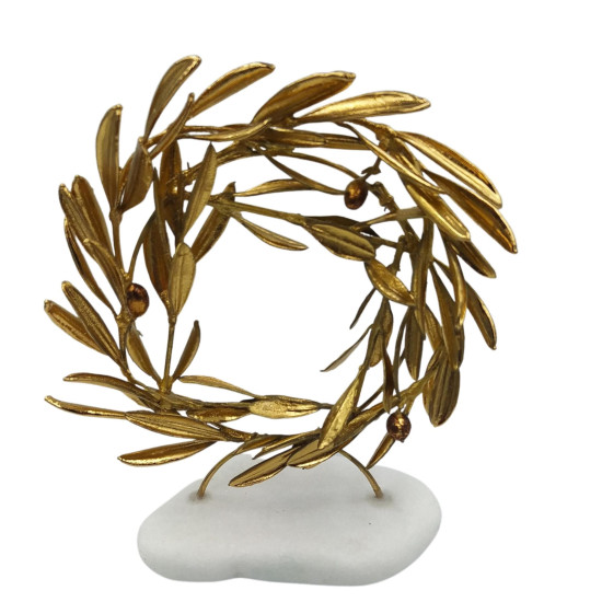 Gold-plated 24Ct dense Olive Wreath round shape in real White Greek Marble Base