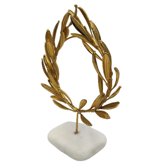 Gold-plated 24Ct Olive Oval Wreath in real White Greek Marble Base 20cm