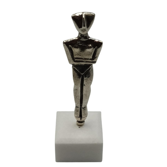 Cycladic Feminine Bronze Figure with White Marble Base Handmade Museum Reproduction of an Ancient Greek canonical type Idol - Greek Statues