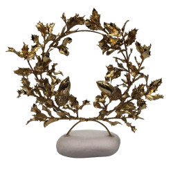 Gold-plated 24Ct Oak tree Round Wreath in real White Greek Marble Stone Base 20cm