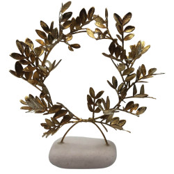 Gold-plated 24Ct Yew Round Wreath in real White Greek Marble Stone Base 19cm